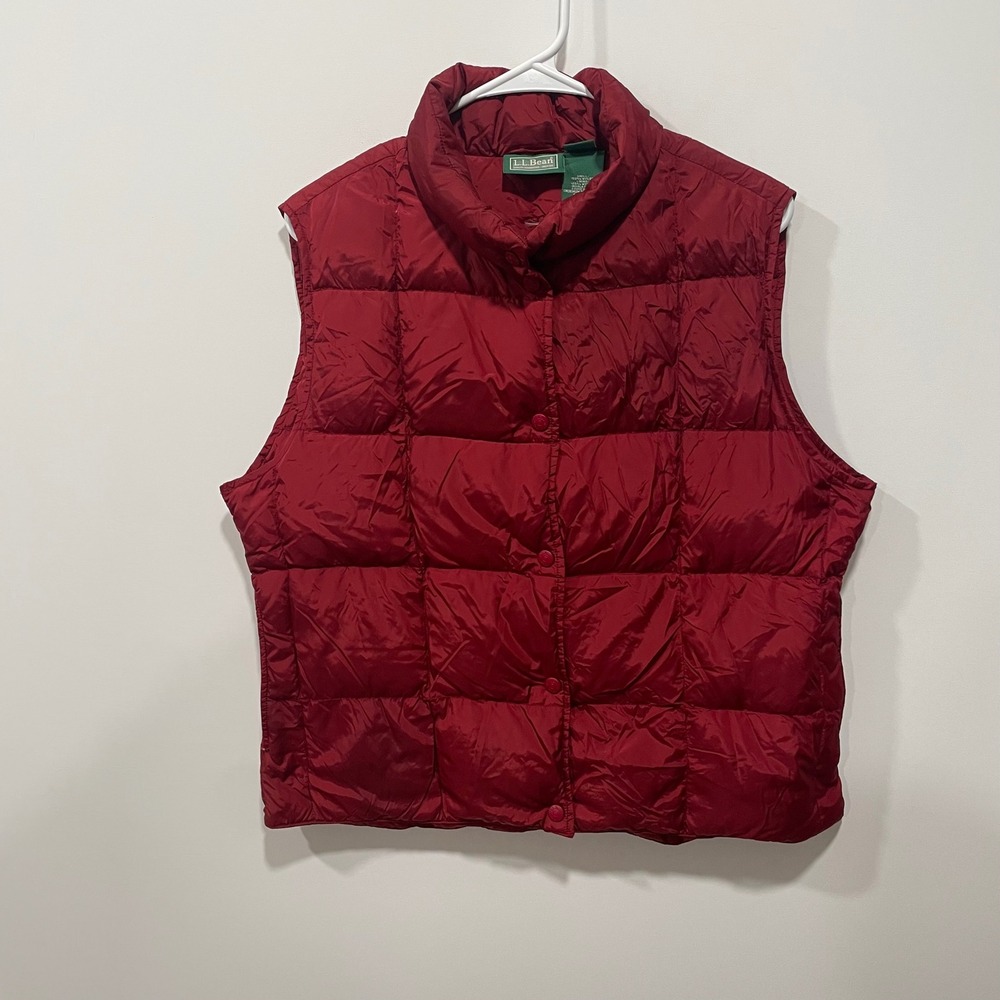 LL Bean Womens Large Red Goose Down Puffer Vest Quilted Snap‎ Front 0DHF6